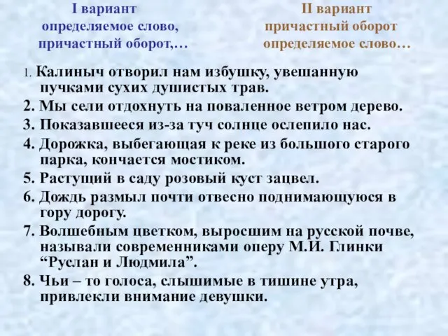 I вариант II вариант определяемое слово, причастный оборот причастный оборот,… определяемое слово…