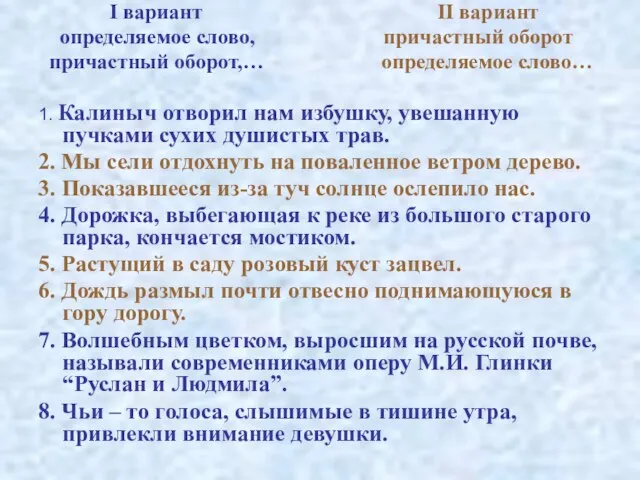 I вариант II вариант определяемое слово, причастный оборот причастный оборот,… определяемое слово…