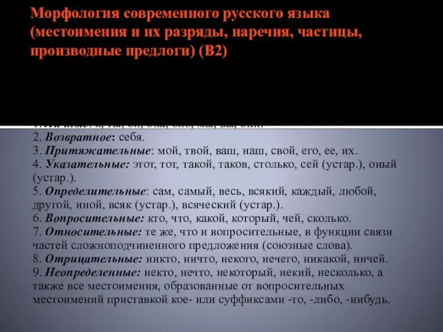 Морфология современного русского языка (местоимения и их разряды, наречия, частицы, производные предлоги)