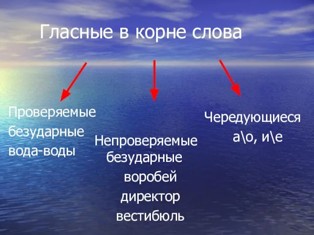 Гласные в корне слова Проверяемые безударные вода-воды Непроверяемые безударные воробей директор вестибюль Чередующиеся а\о, и\е