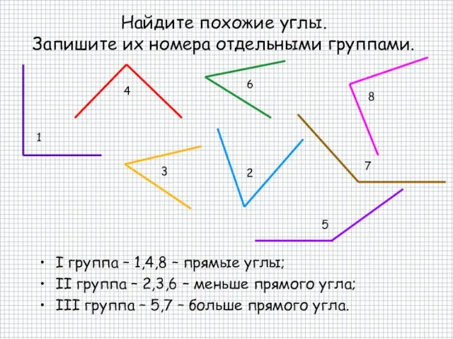 Найдите похожие углы. Запишите их номера отдельными группами. I группа – 1,4,8