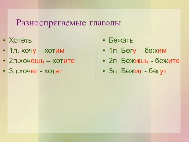 Разноспрягаемые глаголы Хотеть 1л. хочу – хотим 2л.хочешь – хотите 3л.хочет -