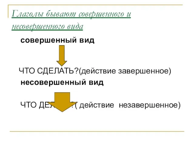 Глаголы бывают совершенного и несовершенного вида совершенный вид ЧТО СДЕЛАТЬ?(действие завершенное) несовершенный