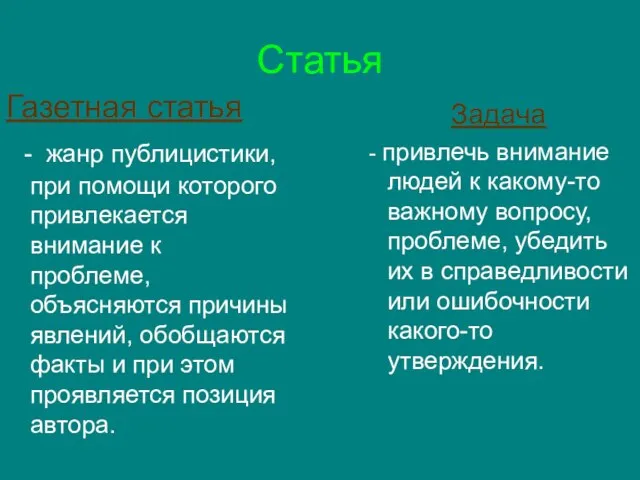 Статья Газетная статья - жанр публицистики, при помощи которого привлекается внимание к