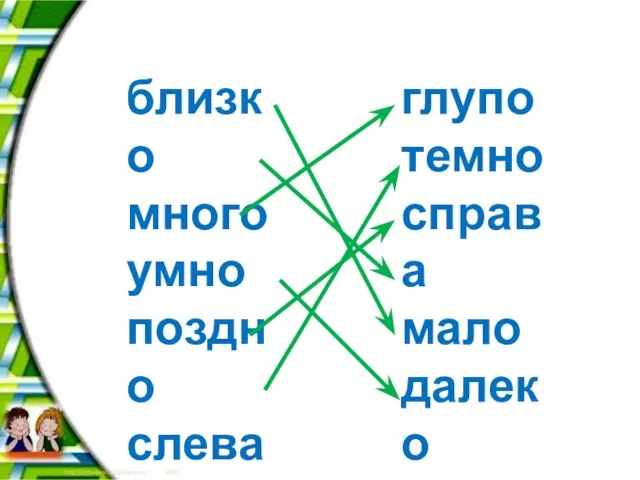 близко много умно поздно слева светло глупо темно справа мало далеко рано