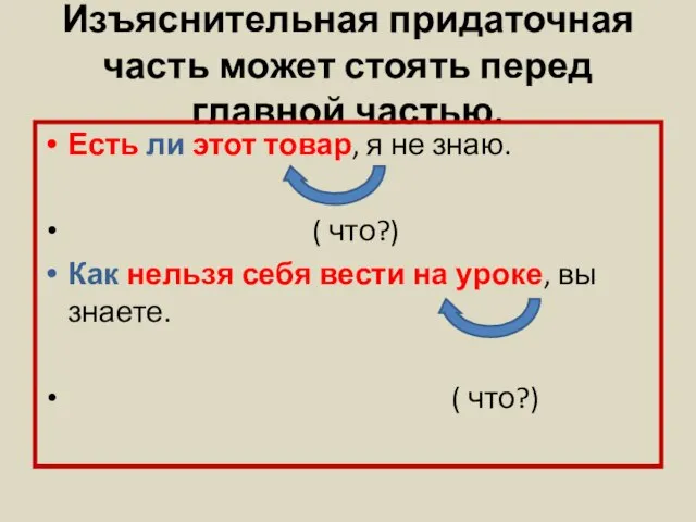 Изъяснительная придаточная часть может стоять перед главной частью. Есть ли этот товар,