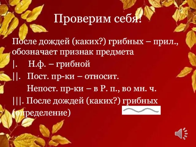 Проверим себя! После дождей (каких?) грибных – прил., обозначает признак предмета |.