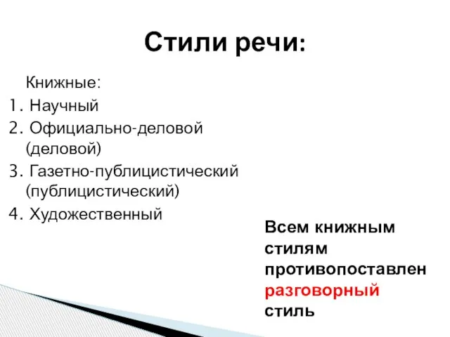 Книжные: 1. Научный 2. Официально-деловой (деловой) 3. Газетно-публицистический (публицистический) 4. Художественный Стили