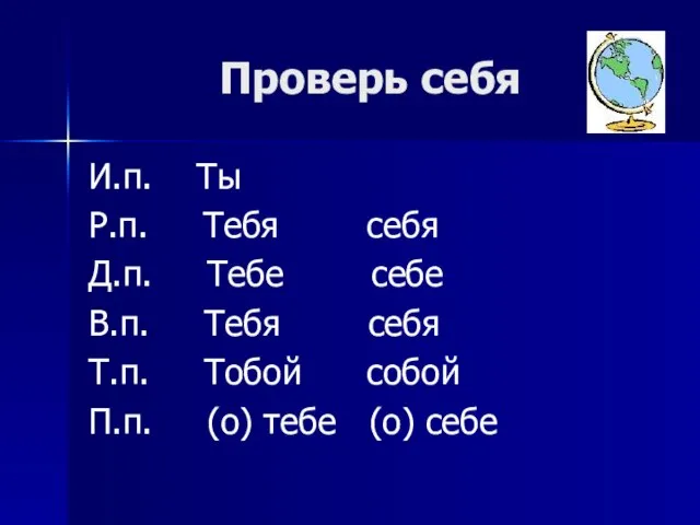 Проверь себя И.п. Ты Р.п. Тебя себя Д.п. Тебе себе В.п. Тебя