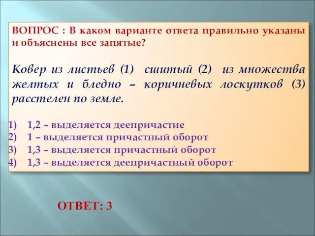 ВОПРОС : В каком варианте ответа правильно указаны и объяснены все запятые?