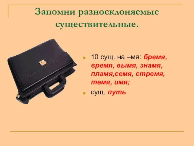 Запомни разносклоняемые существительные. 10 сущ. на –мя: бремя, время, вымя, знамя, пламя,семя,