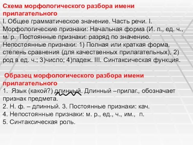 Схема морфологического разбора имени прилагательного I. Общее грамматическое значение. Часть речи. I.