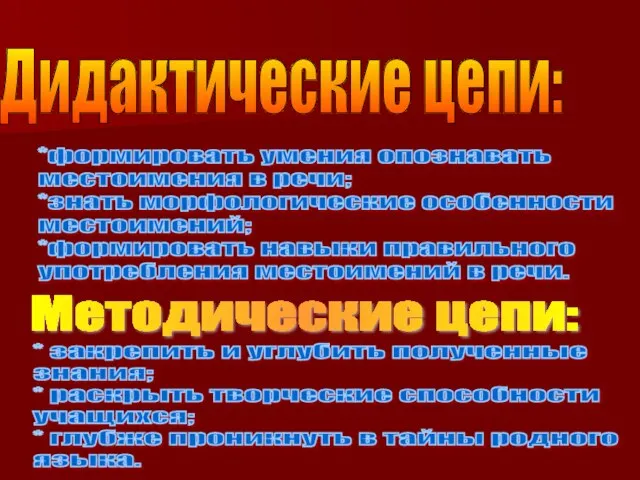 Дидактические цепи: *формировать умения опознавать местоимения в речи; *знать морфологические особенности местоимений;