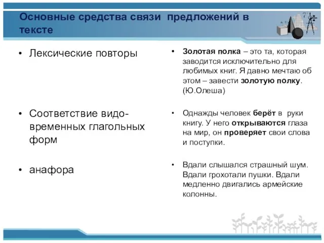 Основные средства связи предложений в тексте Лексические повторы Соответствие видо- временных глагольных