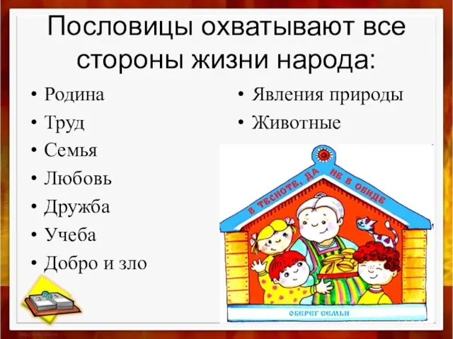 Пословицы охватывают все стороны жизни народа: Родина Труд Семья Любовь Дружба Учеба