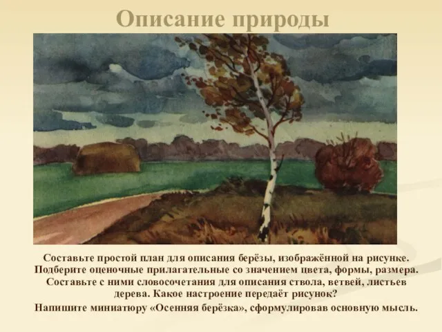 Описание природы Составьте простой план для описания берёзы, изображённой на рисунке. Подберите