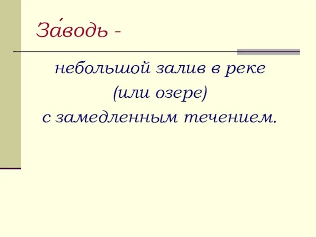 За́водь - небольшой залив в реке (или озере) с замедленным течением.