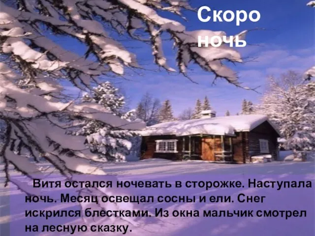 Витя остался ночевать в сторожке. Наступала ночь. Месяц освещал сосны и ели.