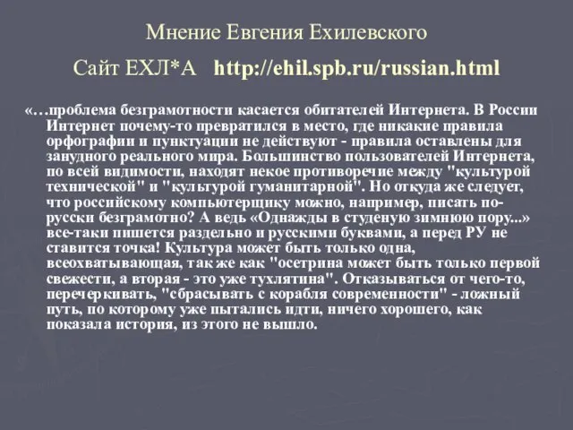 Мнение Евгения Ехилевского Сайт ЕХЛ*А http://ehil.spb.ru/russian.html «…проблема безграмотности касается обитателей Интернета. В