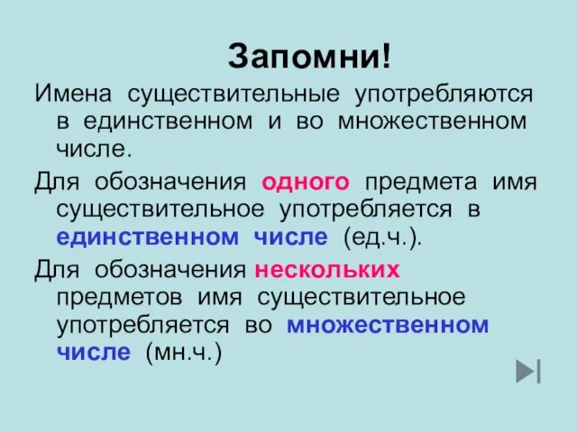 Запомни! Имена существительные употребляются в единственном и во множественном числе. Для обозначения