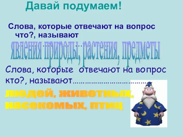 Давай подумаем! Слова, которые отвечают на вопрос что?, называют …………………………….. явления природы,