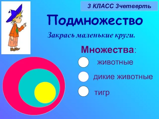 Подмножество 3 КЛАСС 3четверть Закрась маленькие круги. Множества: животные дикие животные тигр