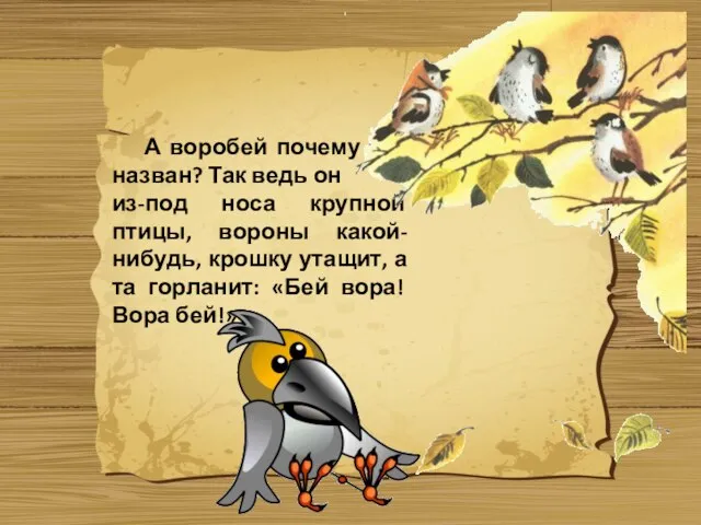 А воробей почему так назван? Так ведь он из-под носа крупной птицы,