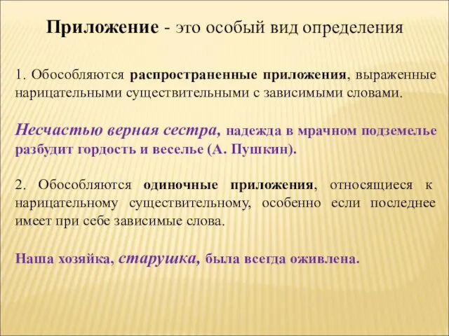 Приложение - это особый вид определения 1. Обособляются распространенные приложения, выраженные нарицательными