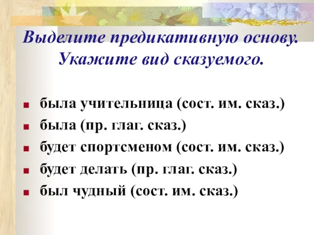 Выделите предикативную основу. Укажите вид сказуемого. была учительница (сост. им. сказ.) была