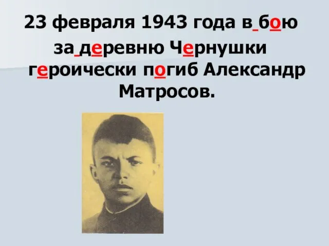 23 февраля 1943 года в бою за деревню Чернушки героически погиб Александр Матросов.