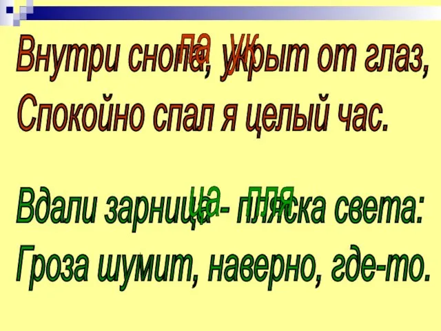 Внутри снопа, укрыт от глаз, Спокойно спал я целый час. па ук