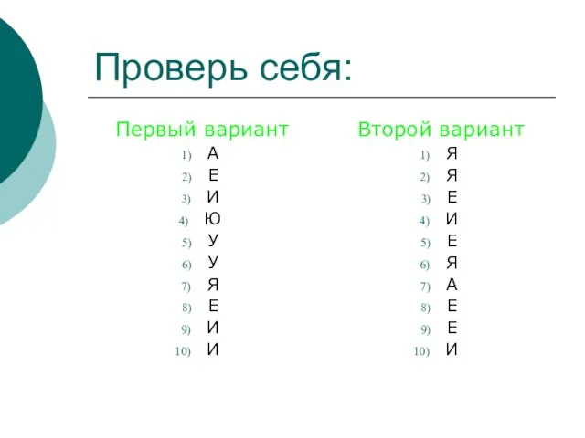 Проверь себя: Первый вариант А Е И Ю У У Я Е