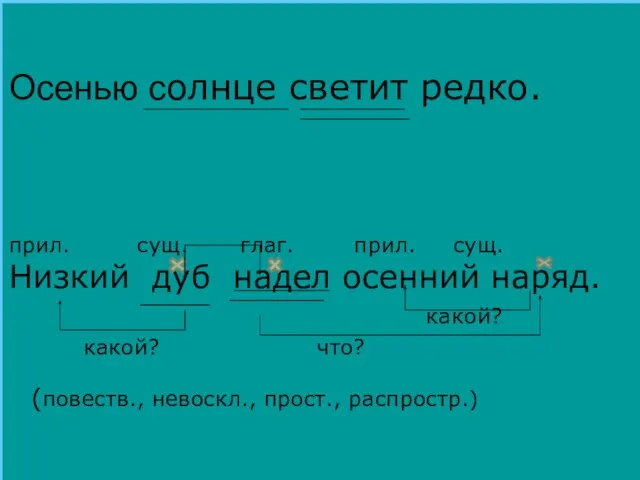 Осенью солнце светит редко. прил. сущ. глаг. прил. сущ. Низкий дуб надел