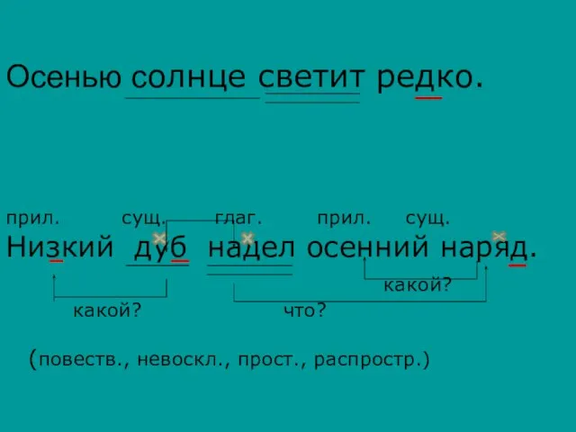 Осенью солнце светит редко. прил. сущ. глаг. прил. сущ. Низкий дуб надел