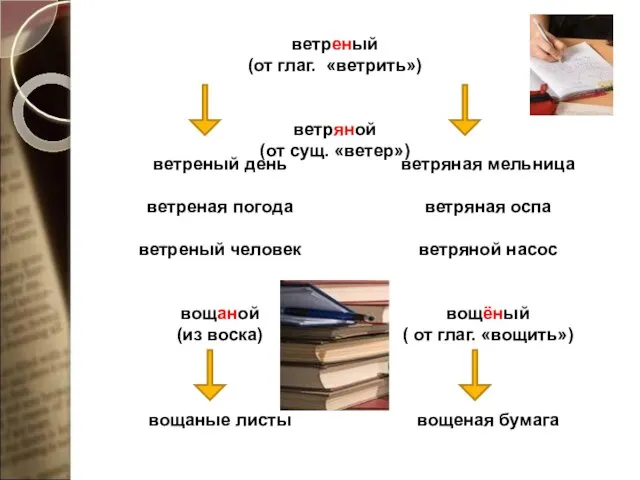 ветреный (от глаг. «ветрить») ветряной (от сущ. «ветер») ветреный день ветреная погода