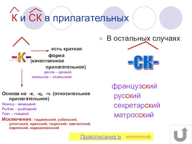 К и СК в прилагательных есть краткая форма (качественное прилагательное) резок –