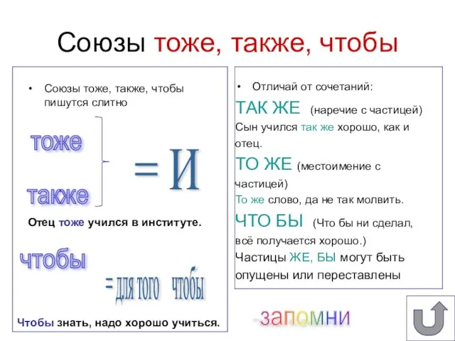 Союзы тоже, также, чтобы Союзы тоже, также, чтобы пишутся слитно Отличай от