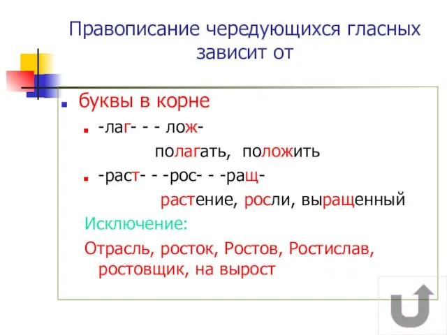 Правописание чередующихся гласных зависит от буквы в корне -лаг- - - лож-