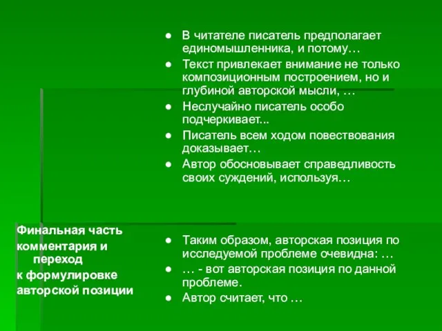 Финальная часть комментария и переход к формулировке авторской позиции В читателе писатель