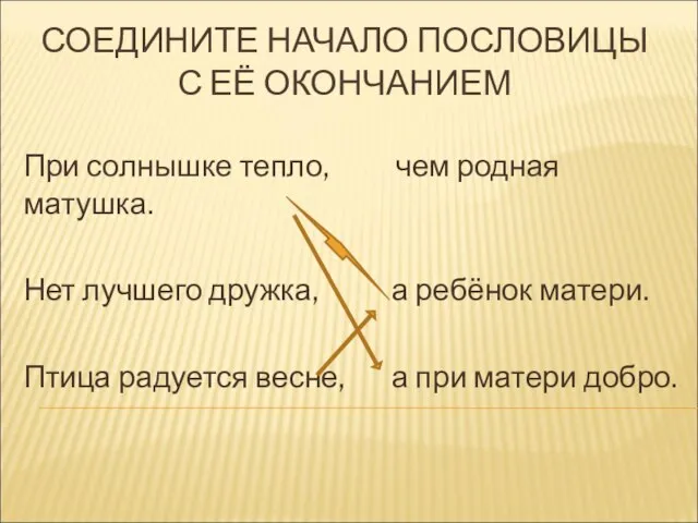 СОЕДИНИТЕ НАЧАЛО ПОСЛОВИЦЫ С ЕЁ ОКОНЧАНИЕМ При солнышке тепло, чем родная матушка.