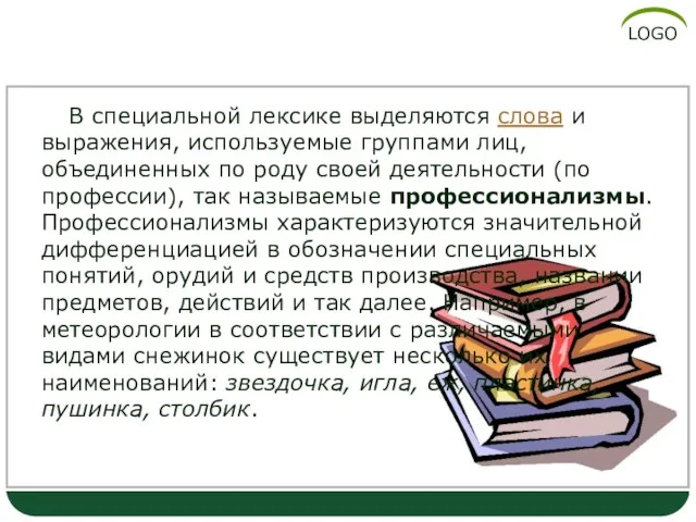 Профессионализмы В специальной лексике выделяются слова и выражения, используемые группами лиц, объединенных