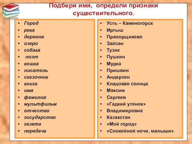 Подбери имя, определи признаки существительного. Город река деревня озеро собака поэт кошка