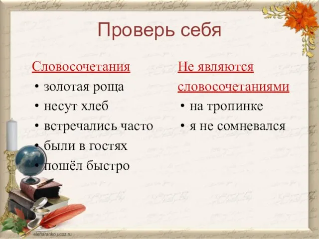 Проверь себя Словосочетания золотая роща несут хлеб встречались часто были в гостях