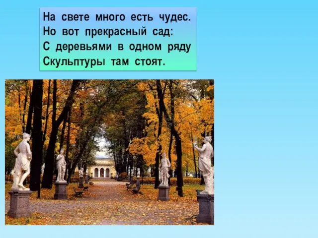 На свете много есть чудес. Но вот прекрасный сад: С деревьями в