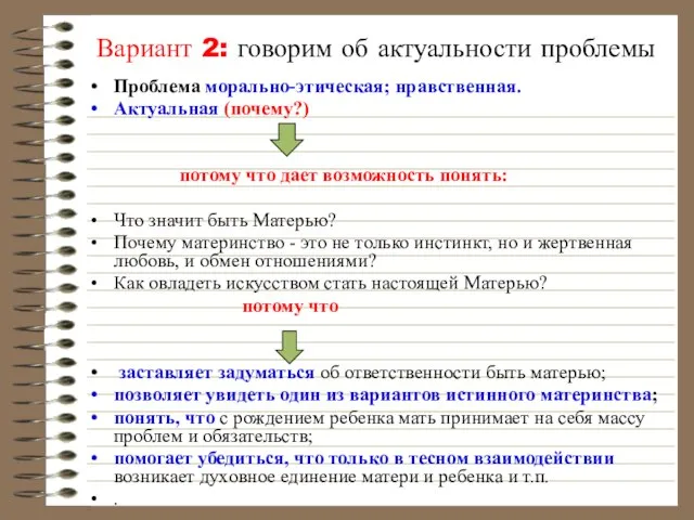 Вариант 2: говорим об актуальности проблемы Проблема морально-этическая; нравственная. Актуальная (почему?) потому