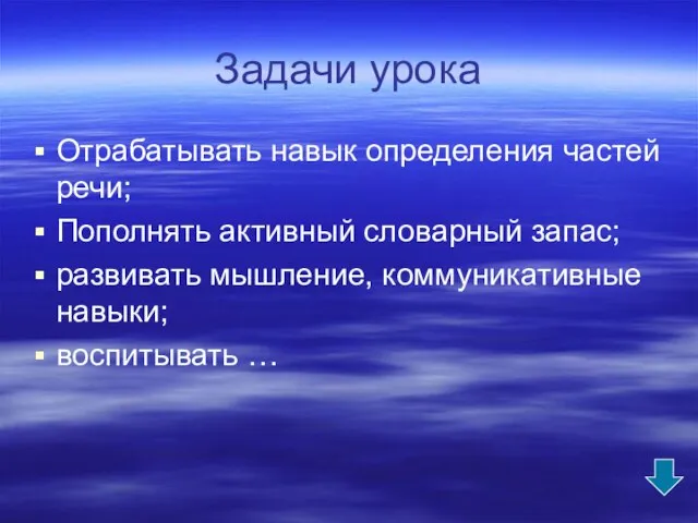 Задачи урока Отрабатывать навык определения частей речи; Пополнять активный словарный запас; развивать