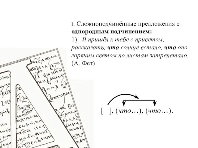 I. Сложноподчинённые предложения с однородным подчинением: 1) Я пришёл к тебе с