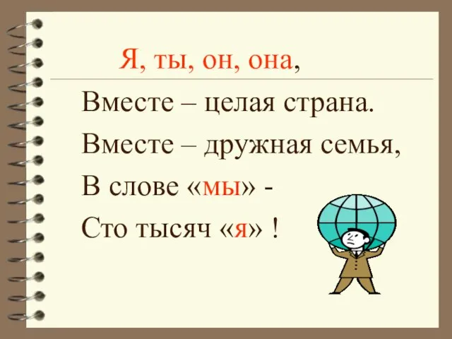 Я, ты, он, она, Вместе – целая страна. Вместе – дружная семья,