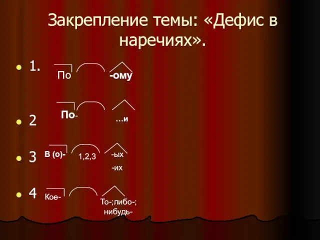 Закрепление темы: «Дефис в наречиях». 1. 2 3 4 -ому