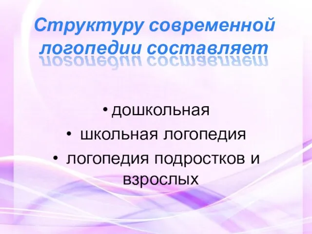 Структуру современной логопедии составляет дошкольная школьная логопедия логопедия подростков и взрослых